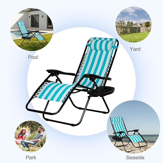 Nazhura Set of 2 Relaxing Recliners Patio Chairs Adjustable Steel Mesh Zero Gravity Lounge Chair Beach Chairs with Pillow and Cup Holder (Light Blue Stripe)