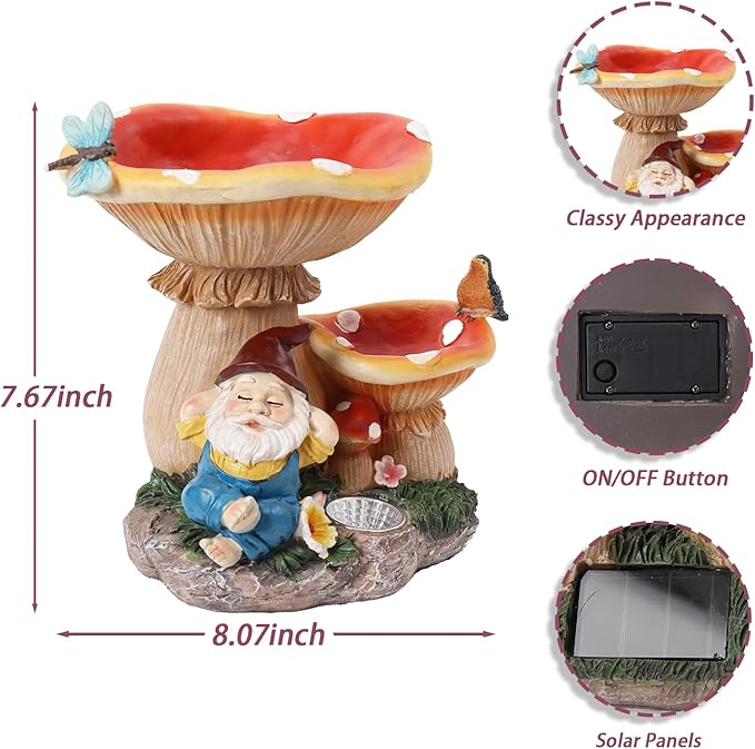 Garden Gnome Statue, Solar Powered Gnome Figurine with Mushroom Decor, Waterproof Resin Lawn Ornamnets for Outdoor Patio Yard Home Tabletop Deocr, Ideal Gifts for Mom