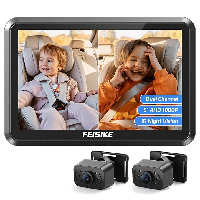 FEISIKE Baby Car Camera, 1080P Dual-Channel 5 inch Display Baby Car Mirror with 2 IR Night Vision Camera, Easily Install Car Camera for Baby with Crystal Clear Wide View for Rear Facing Seat