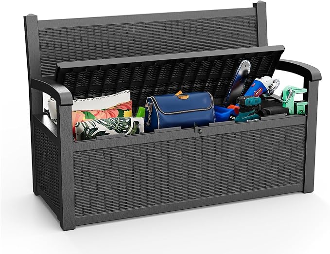 80 Gallon Outdoor Storage Bench Deck Box Waterproof Lockable,Outdoor Storage Furniture for Patio,Garden and Porch,Tools and Cushions（ Black）