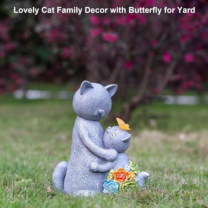 Solar Garden Statues Loving Cat Figurine Lights for Outside, Yard Decorations Outdoor, Garden Decor Unique Mothers Day Birthday Housewarming Gifts for Mom, Women