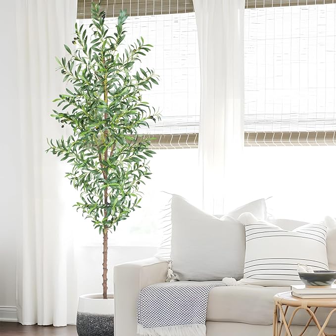 Artificial Olive Tree, 7FT Tall Faux Olive Trees 84in Outdoor Fake Potted Silk Plant with Trunk and Realistic 1048 Leaves and 40 Fruits for Modern Office Home Decor Indoor（1pack）