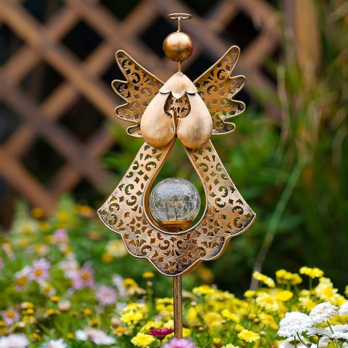 Starryfill Angel Stake Solar Lights with Crackle Glass Globe Waterproof Warm White LED, 40.5 inches Height Metal Bronze Stake Garden Patio Art Decor, Memorial Gift for Mom Women or Friends