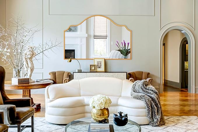 Chende Large Gold Mirror with Arched Top, 47" x 32" Modern Living Mirror for Wall, Modern Decorative Mirror with Wooden Frame for Entryway, Fireplace, Dining Room