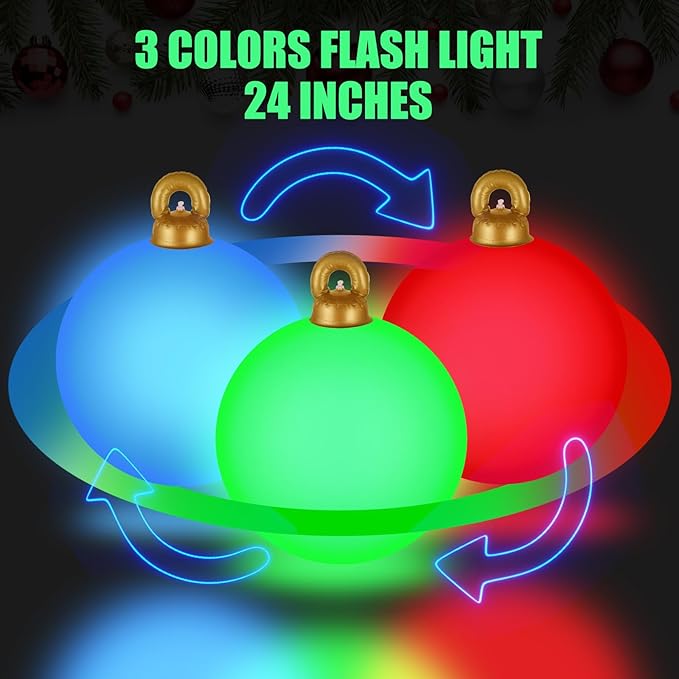 [Light up] Inflatable Ornaments Balls Outdoor 2Pcs: Flashes in Red | Green | Blue and Timer, 24 Inch Giant Christmas Inflatable Ornaments, Reusable PVC - Blow Up Ornament Balls for Yard, Porch, Party