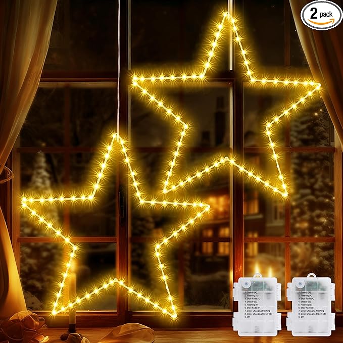 Marchpower Christmas Window Star Silhouette Lights, 19inch 70LED 2 Pack Large Star Lighted Xmas Decoration Battery Operated Twinkle Stars Light Outdoor Timer Lights Wedding Party Home Décor-Warm White