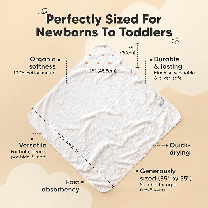 KeaBabies Muslin Baby Bath Towels with Hood for Girls, Boys -Large Organic Cotton Hooded Baby Towels for Newborns,Toddlers,Infant,Kids,Soft Absorbent Newborn Bath Essentials Gift Set(Monarch, Regular)