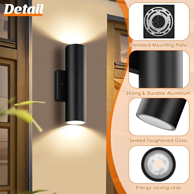 GoBright 4-Pack Modern Outdoor Wall Light, 12W 3000K LED Cylinder Exterior Light Fixtures with Tempered Glass Cover, Waterproof Up and Down Wall Sconce for Porch House Garage Patio