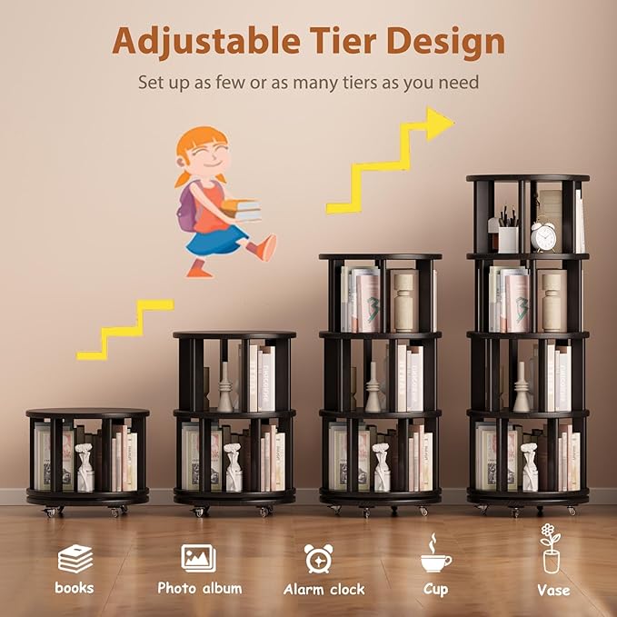 Solid Wood Rotating Bookshelf on Wheels, 4 Tier, Round Revolving Bookcase, 360° Spinning Book Shelf Tower for Kids, Narrow Rolling Bookshelves for Small Space, Corner, Bedroom, Office, Black