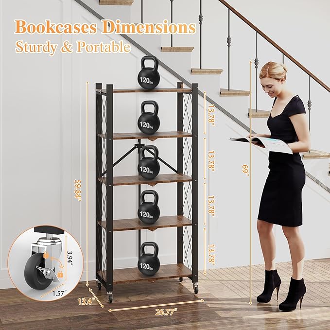 BAOYOUNI 5-Tier Vintage Industrial Bookshelf - No Assembly Folding Storage Shelf with Woodgrain Finish | Collapsible Metal Bookcase for Living Room, Office & Bedroom
