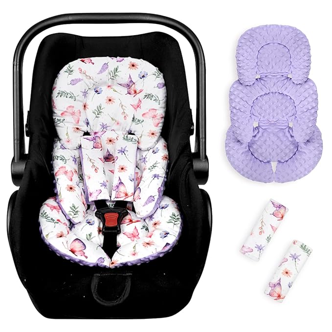 Pea Pod Infant Car Seat Insert with Strap Covers, All in One Reversible Baby Car Seat Head Support for Newborn, 3D Soft Minky Carseat Cushion for Preemie to Infant, Stroller, Swing, Bouncer, Butterfly