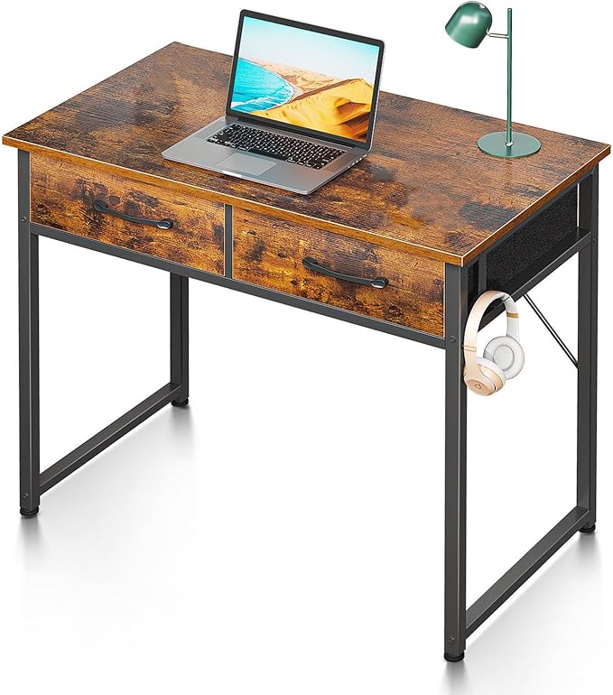 Casaottima 32 Inch Small Office Computer Desk with 2 Drawers & Headphone Hook - Compact Writing Desk for Home Office, Study or Work, Modern Space-Saving Design for Small Spaces, Pure Vintage