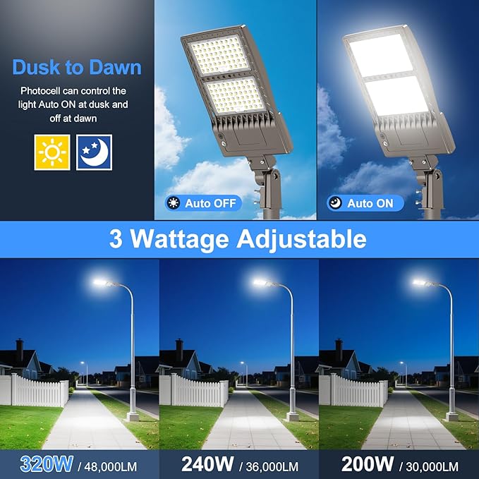 KUKUPPO 320W LED Parking Lot Light 48,000LM, Power Adjustable UL Listed LED Shoebox Parking Pole Light with Photocell 5000K IP65 Waterproof Outdoor Commercial Area Lighting Slip Fitt 110V 120V