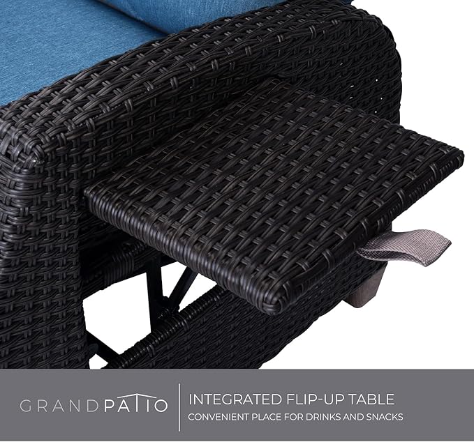 Grand patio Outdoor Reclining Chairs with Extended Footrest 2-Piece Adjustable Patio Wicker Lounge Recliner up to 150° with Flip Side Table Peacock Blue