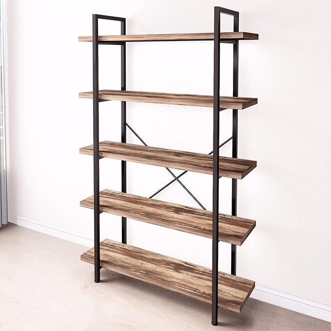 45MinST 5-Tier Vintage Industrial Style Bookcase/Metal and Wood Bookshelf Furniture for Collection,Vintage Brown, 3/4/5 Tier (5-Tier)