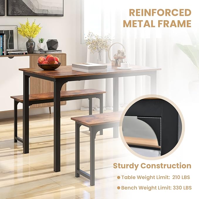 LDAILY Moccha Dining Table Set for 4, Kitchen Table with Benches,43 Inch 3-Piece Wooden Space-Saving Dinette Set with Metal Frame for Kitchen, Dining Room,Small Spaces, Rustic Brown & Black