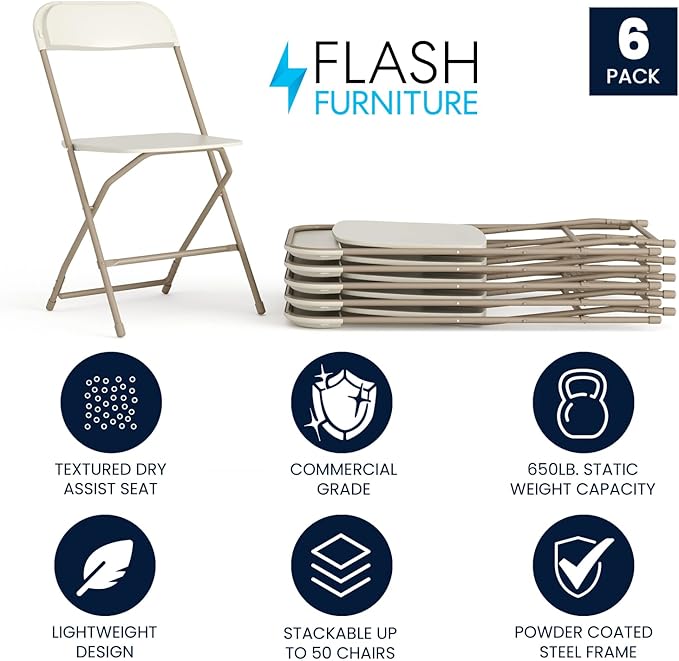 Flash Furniture Hercules Series Plastic Folding Chair - Beige - 6 Pack 650LB Weight Capacity Comfortable Event Chair-Lightweight Folding Chair