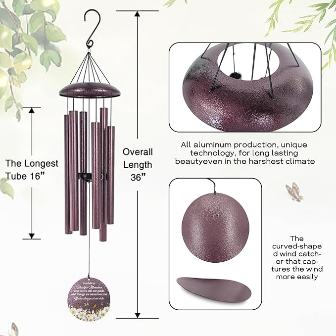 Personalized Sympathy Wind Chimes, 36inch Daisy Butterfly Memorial Wind Chimes, in Memory for Loss of Loved Dad/Mom/Ones, Memorial Gifts Deep Tone Outdoor (Produced in USA)