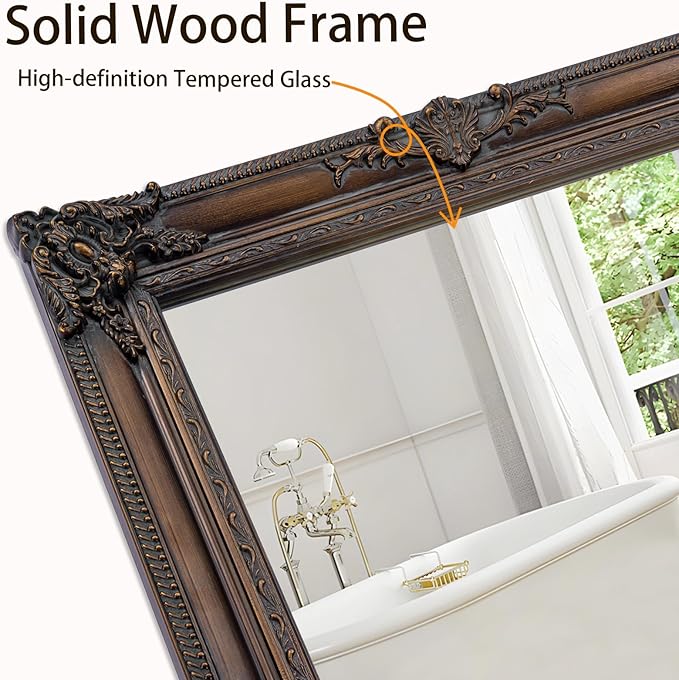 Antique Decorative Mirror, 37.4''x25.6''Vintage Mirror with Ornate Bronze Wood Frame, Decorative Wall Mirrors for Entryway, Living Room, Bathroom