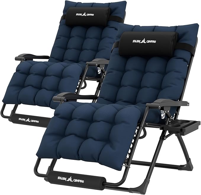 UDPATIO Oversized Zero Gravity Chair Set of 2, 29In XL Patio Reclining Chair with Cushion, Outdoor Folding Recliner with Pillows|Cup Holder|Foot Rest|Padded Headrest, Navy Blue, Support 500LB