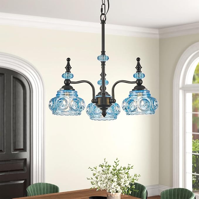 Blue 3-Light Pendant Light Fixtures Black Lights Victorian Vintage Celing Pendant Fixtures for Kitchen Island Bedroom Restrant
