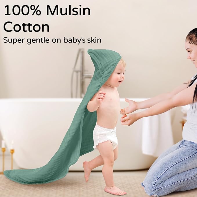 Yoofoss Hooded Baby Towels for Newborn 2 Pack 100% Muslin Organic Cotton Baby Bath Towel with Hood for Babies, Infant, Toddler and Kids, 32x32Inch, Soft and Absorbent Newborn Essential, Gradient Green