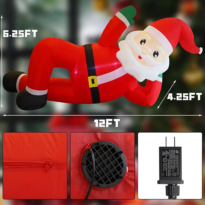 Juegoal Christmas Inflatables Outdoor Decorations, 12FT Long Inflatable Xmas Santa Claus, Lighted Blow Up Giant Lying Santa with Built in LED Lights, Light Up Holiday Winter Lawn Yard Garden Decor