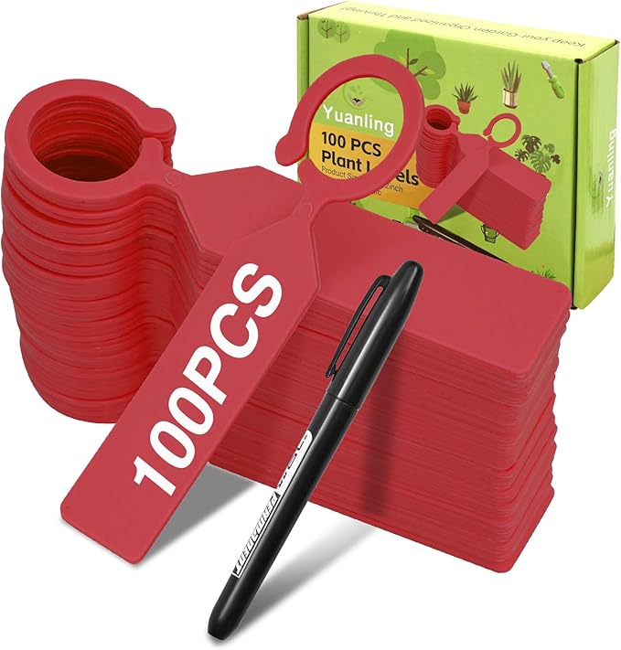 Plant Labels Yuanling 100Pcs Plastic Waterproof Plant Tree Tags Nursery Garden Markers for Indoor Outdoor Gardening Plants Vegetables Flowers Potted (Red Color with 1 Marker Pen)