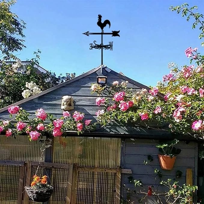 Rooster Weathervane Silhouette Art Black Metal Cock Wind Vanes Indicator Kit Outdoor Bracket for Garden Roof Yard Building (C)