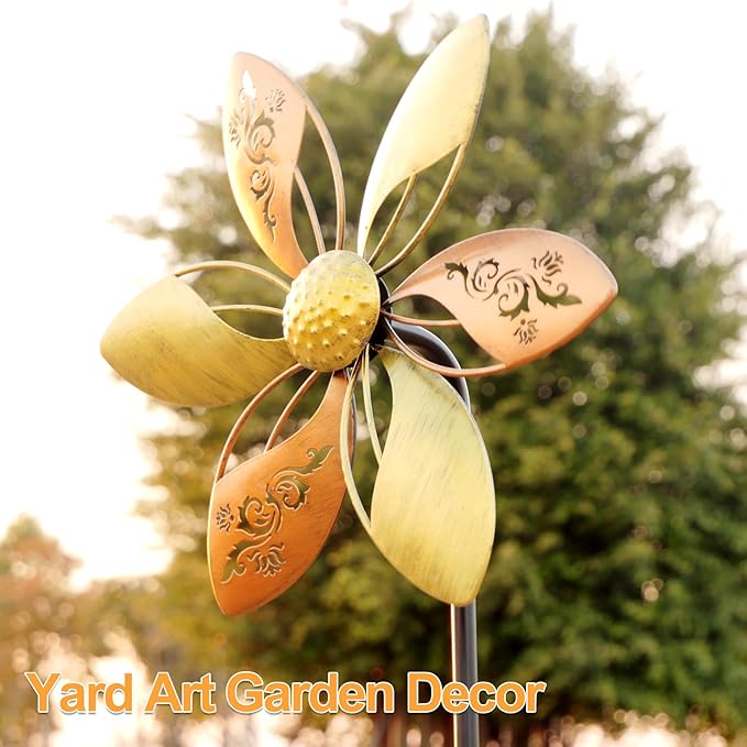 Wind Spinners Outdoor Metal, 10.63" W*37" H Pinwheels for Yard and Garden Decor, Kinetic Wind Sculpture Spinner (Gold Ornate Laser-Cut Floral)