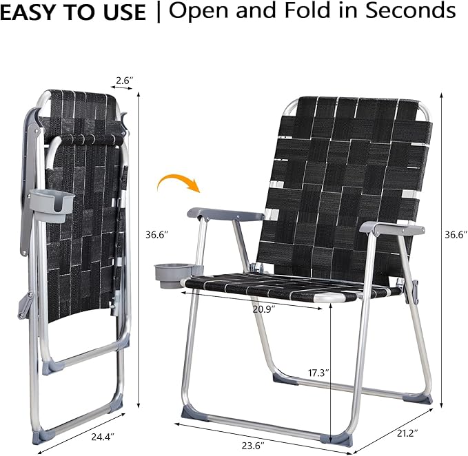 VINGLI Aluminum Oversize Patio Lawn Chairs Folding Set of 2 with Detachable Cup Holder, Webbed Beach Chair Folding Chair Outdoor Portable Camping Chair for Yard, Garden