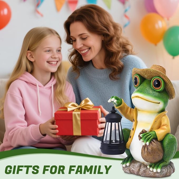 Large Frog Garden Statue, 13.3 Inches Tall, Resin Frog Decor with Solar Lantern for Outdoor Decoration and Housewarming