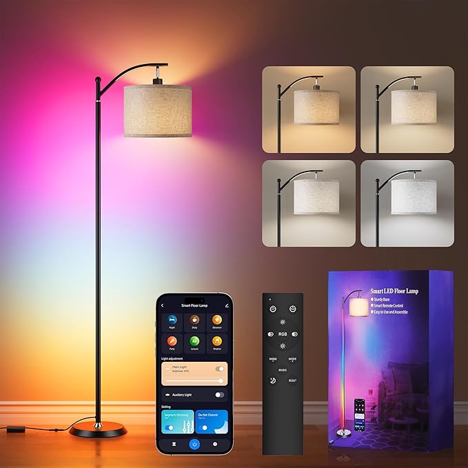 Smart LED RGBCW Corner Lamp with Linen Lampshade Compatible with Alexa, Color Changing Standing Lamp with 16 Million DIY Colors, Music Sync, Tall lamp for Living Bedroom Room,APP/Voice/Remote Control