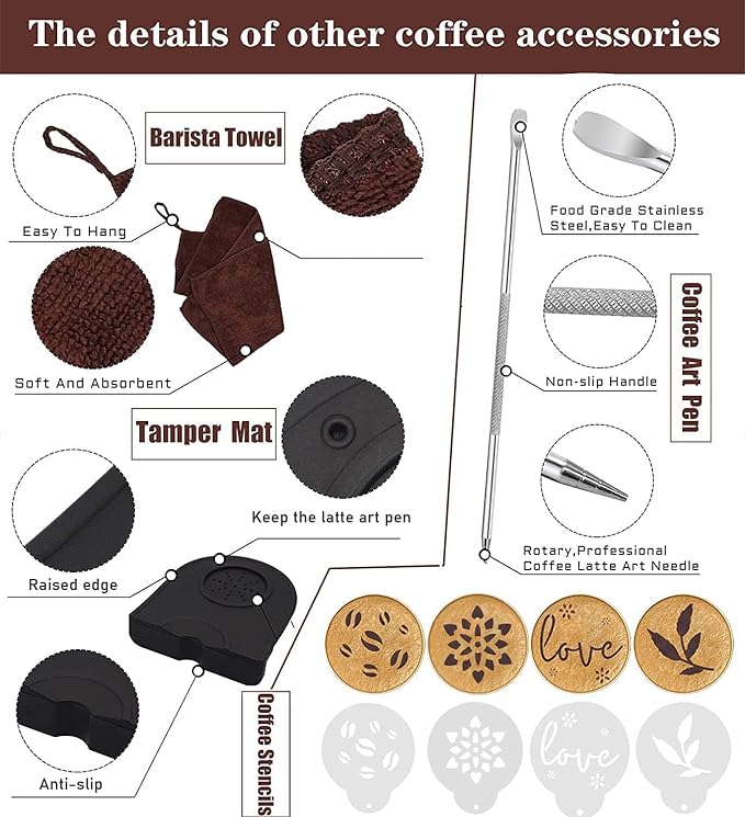 51 mm Coffee Tamper Set Coffee Press for Portafilter Machine Espresso Tamper with Tamper Mat, Frothing Pitcher (350ml/11.836oz), Barista Towel, Latte Art Pen and Decorative Stencils