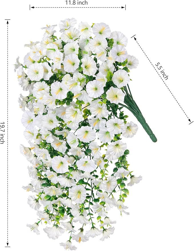 Artificial Faux Hanging Flowers Plants for Outdoor Decor,2 PCS Fake Silk Morning Glory with Eucalyptus UV Resistant Realistic Trailing Vines for Wall Home Porch Patio Balcony Yard Indoor Decor,White