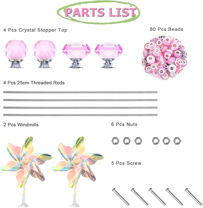 101 PCS Beaded Garden Stakes Kit, DIY Fairy Wand Garden Stake Beads Kits with Pink Large Hole Beads 4 Crystal Stopper Top Threaded Rods and 2 Colored Small Windmills for Outdoor Indoor Decor
