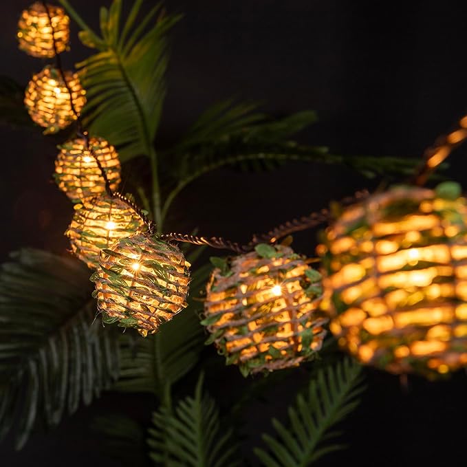 Decorative Lantern String Lights, Outdoor Plug in Hanging Lights with 10 Natural Hemp Rope Leaf Balls, Connectable Weatherproof Patio Globe Boho String Lights for Home Pergola Porch Party Backyard