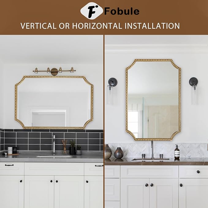 24"x36" Mirror for Wall, Scalloped Corners Rectangle Decorative Mirror, Metal Beaded Frame Accent Wall Decor for Bathroom, Entryway, Mantel, Antique Gold
