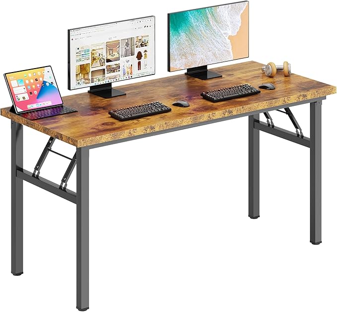 DlandHome Folding Table Computer Desk 62 Inches Workstation Table Conference Table Home Office Desk Fully Assembled Retro and Black Frame