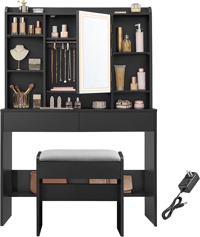 VASAGLE Vanity Desk with Mirror and Lights, Makeup Vanity with Upholstered Vanity Stool, Dimmable LED Lights, Adjustable Shelves, 7 Compartments, 2 Drawers, for Bedroom, Ink Black URDT131B01