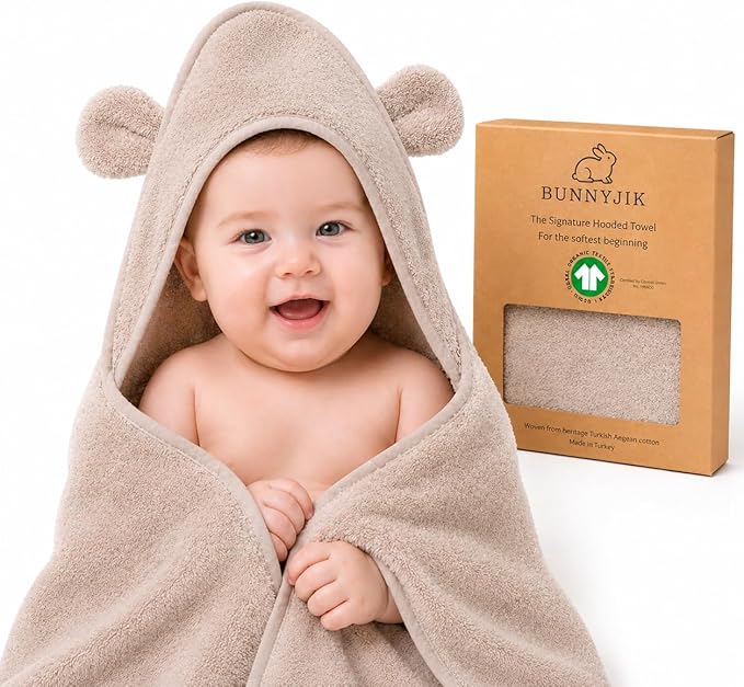 Turkish Organic Cotton Hooded Towels - Heritage Aegean Plush Bath Towels for Newborn, Best for Boys (Teddy Cub, 35×35" — Baby/Toddler Large Size Bath Towel Boy (6 Months–Toddler)