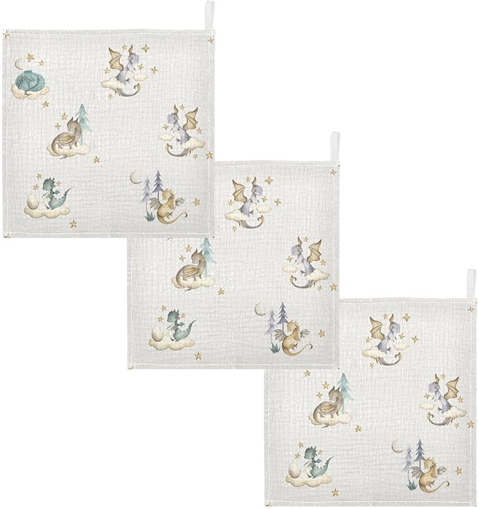 vvfelixl Baby Muslin Washcloths Dragon Baby Babys Burp Cloths Cotton Babys Face Towel for Newborn Infants Boys Girls Soft and Absorbent 11.8 X 11.8 in, 3 Pack