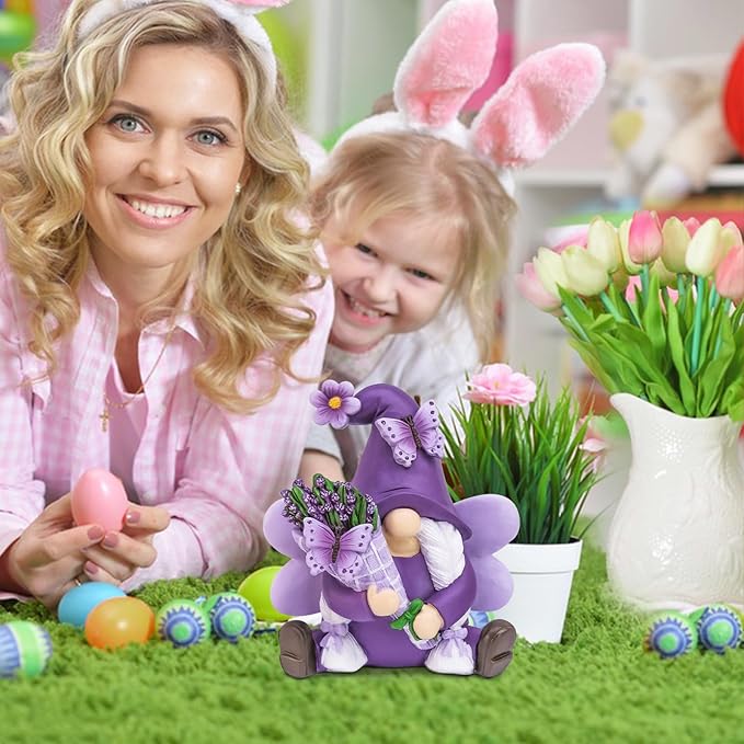 Lavender Gnomes Decor, Spring Resin Garden Gnome Decorations for Home Indoor/Outdoor Pastel Purple Spring Lavender Decorations Farmhouse Butterfly Gnome