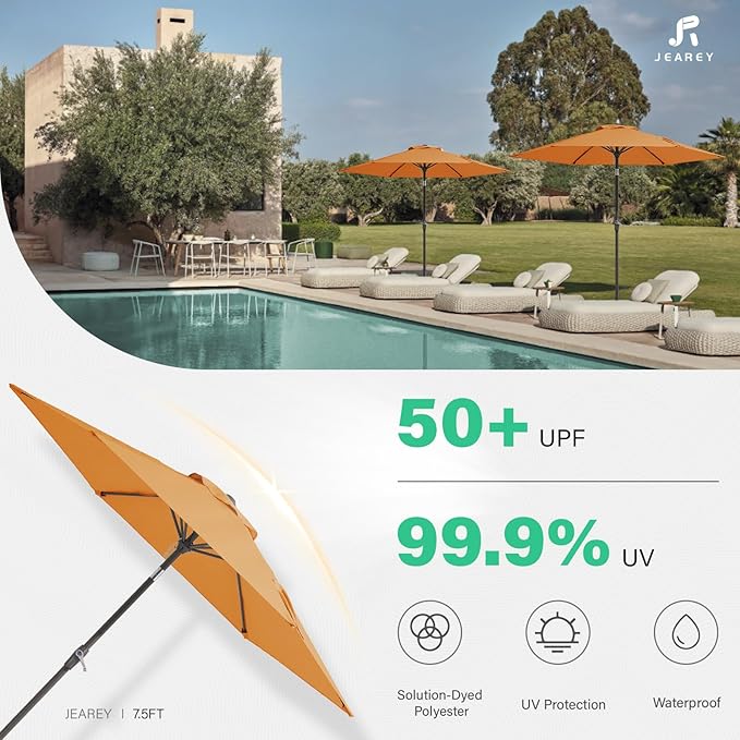 JEAREY 7.5FT Patio Umbrella Market Table Umbrella with 6 Sturdy Ribs, Push Button Tilt/Crank Outdoor Umbrella for Garden, Deck, Backyard, Pool and Beach,Tropical Orange