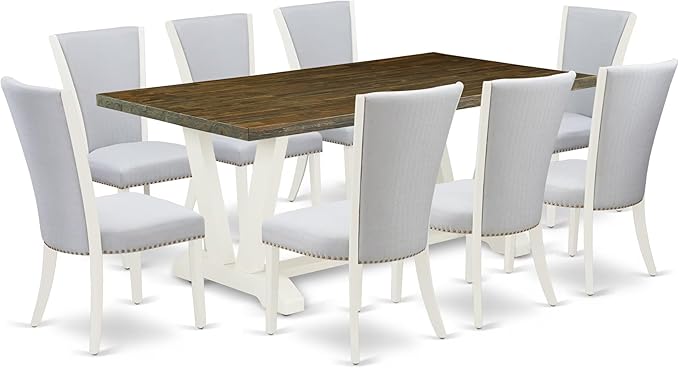 East West Furniture V077VE005-9 9 Piece Kitchen Table Set Includes a Rectangle Dining Table with V-Legs and 8 Grey Linen Fabric Parson Dining Room Chairs, 40x72 Inch, Multi-Color