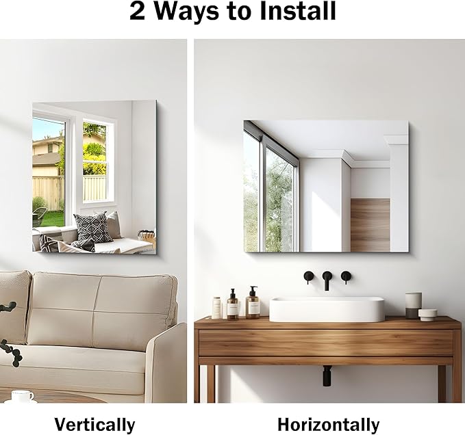 Frameless Mirror, 24x30 Inch Bathroom Mirror for Wall, Rectangle Bathroom Vanity Mirrors with Polished Edge, Hangs Horizontally or Vertically for Bathroom, Bedroom and Living Room