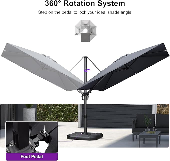 PURPLE LEAF 8.8' X 8.8' Left-right Tilt Patio Umbrella with Base Outdoor Cantilever Swivel Square Umbrella with Tilt Aluminum Offset Umbrella with 360-degree Rotation for Garden Deck Pool Patio Grey