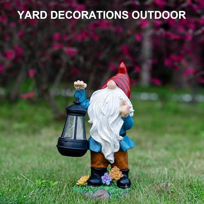 Solar Garden Statue Lights Gnome Figurine with Solar Lantern, Outdoor Garden Succulent Ornaments Waterproof, Fathers Day Mom Gifts for Outside Patio Yard Lawn Decor