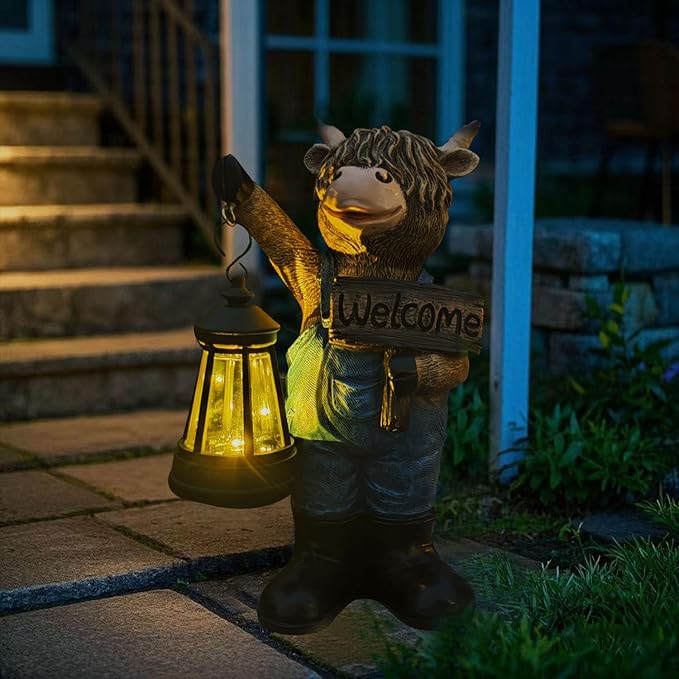 Solar Garden Statues -Highland Cow Lantern Outdoor Handmade Resin Statue with LED Light, and Welcome Holder for Patio, Yard, Gift Ideas (cow2)