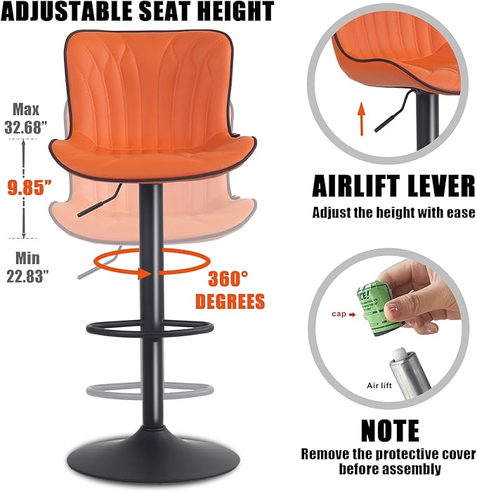 YOUNIKE Orange Bar Stools Set of 2 Faux Leather Upholstered Counter Height Barstools Swivel Modern Kitchen Bar Chairs with High Backs Adjustable Tall sillas para barra de cocina for Breakfast Island